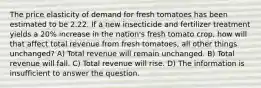 The price elasticity of demand for fresh tomatoes has been estimated to be 2.22. If a new insecticide and fertilizer treatment yields a 20% increase in the nation's fresh tomato crop, how will that affect total revenue from fresh tomatoes, all other things unchanged? A) Total revenue will remain unchanged. B) Total revenue will fall. C) Total revenue will rise. D) The information is insufficient to answer the question.