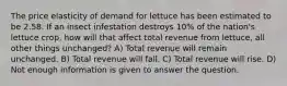 The price elasticity of demand for lettuce has been estimated to be 2.58. If an insect infestation destroys 10% of the nation's lettuce crop, how will that affect total revenue from lettuce, all other things unchanged? A) Total revenue will remain unchanged. B) Total revenue will fall. C) Total revenue will rise. D) Not enough information is given to answer the question.