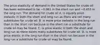 The price elasticity of demand in the United States for crude oil has been estimated to be −0.061 in the short run and −0.453 in the long run. The demand for crude oil A. is equally price inelastic in both the short and long run as there are not many substitutes for crude oil. B. is more price inelastic in the long run than in the short run because in the short run a substitute for crude oil may be found. C. is price elastic in both the short and long run as there exists many substitutes for crude oil. D. is more price elastic in the long run than in the short run because in the long run a substitute for crude oil may be found.