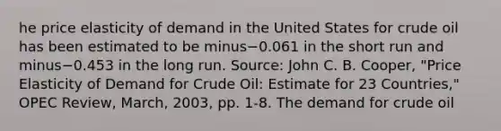 he <a href='https://www.questionai.com/knowledge/kCPdvEIeYO-price-elasticity-of-demand' class='anchor-knowledge'>price elasticity of demand</a> in the United States for <a href='https://www.questionai.com/knowledge/k3XTVfXeUs-crude-oil' class='anchor-knowledge'>crude oil</a> has been estimated to be minus−0.061 in the short run and minus−0.453 in the long run. ​Source: John C. B.​ Cooper, "Price Elasticity of Demand for Crude​ Oil: Estimate for 23​ Countries," OPEC Review​, ​March, 2003, pp.​ 1-8. The demand for crude oil