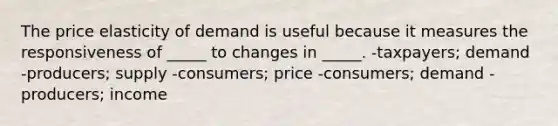 The price elasticity of demand is useful because it measures the responsiveness of _____ to changes in _____. -taxpayers; demand -producers; supply -consumers; price -consumers; demand -producers; income