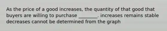 As the price of a good increases, the quantity of that good that buyers are willing to purchase ________. increases remains stable decreases cannot be determined from the graph