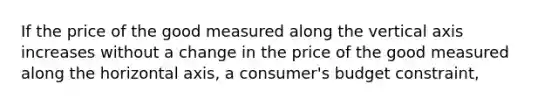 If the price of the good measured along the vertical axis increases without a change in the price of the good measured along the horizontal axis, a consumer's budget constraint,