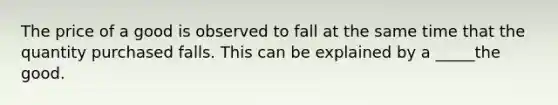 The price of a good is observed to fall at the same time that the quantity purchased falls. This can be explained by a _____the good.