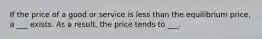 If the price of a good or service is less than the equilibrium price, a ___ exists. As a result, the price tends to ___.