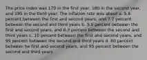 The price index was 170 in the first year, 180 in the second year, and 195 in the third year. The inflation rate was about a. 5.6 percent between the first and second years, and 7.7 percent between the second and third years b. 5.9 percent between the first and second years, and 8.3 percent between the second and third years c. 10 percent between the first and second years, and 95 percent between the second and third years d. 80 percent between he first and second years, and 95 percent between the second and third years