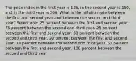 The price index in the first year is 125, in the second year is 150, and in the third year is 200. What is the inflation rate between the first and second year and between the second and third year? Select one: 25 percent between the first and second year, 75 percent between the second and third year. 25 percent between the first and second year, 50 percent between the second and third year. 20 percent between the first and second year, 33 percent between the second and third year. 50 percent between the first and second year, 100 percent between the second and third year