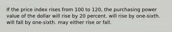 If the price index rises from 100 to 120, the purchasing power value of the dollar will rise by 20 percent. will rise by one-sixth. will fall by one-sixth. may either rise or fall.