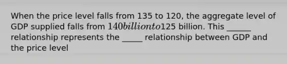 When the price level falls from 135 to 120, the aggregate level of GDP supplied falls from 140 billion to125 billion. This ______ relationship represents the _____ relationship between GDP and the price level