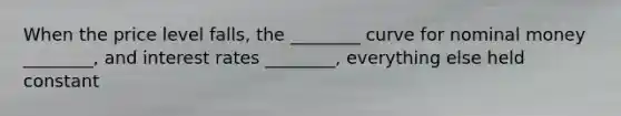 When the price level falls, the ________ curve for nominal money ________, and interest rates ________, everything else held constant