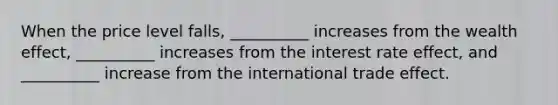 When the price level falls, __________ increases from the wealth effect, __________ increases from the interest rate effect, and __________ increase from the international trade effect.