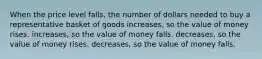 When the price level falls, the number of dollars needed to buy a representative basket of goods increases, so the value of money rises. increases, so the value of money falls. decreases, so the value of money rises. decreases, so the value of money falls.