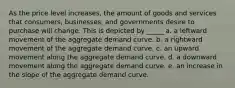 As the price level increases, the amount of goods and services that consumers, businesses, and governments desire to purchase will change. This is depicted by _____ a. a leftward movement of the aggregate demand curve. b. a rightward movement of the aggregate demand curve. c. an upward movement along the aggregate demand curve. d. a downward movement along the aggregate demand curve. e. an increase in the slope of the aggregate demand curve.