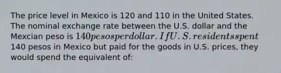 The price level in Mexico is 120 and 110 in the United States. The nominal exchange rate between the U.S. dollar and the Mexcian peso is 140 pesos per dollar. If U.S. residents spent140 pesos in Mexico but paid for the goods in U.S. prices, they would spend the equivalent of: