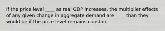 If the price level ____ as real GDP increases, the multiplier effects of any given change in aggregate demand are ____ than they would be if the price level remains constant.