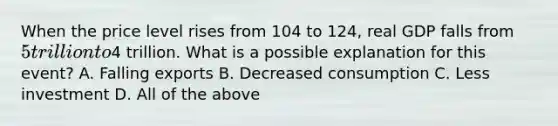 When the price level rises from 104 to​ 124, real GDP falls from​ 5 trillion to​4 trillion. What is a possible explanation for this​ event? A. Falling exports B. Decreased consumption C. Less investment D. All of the above