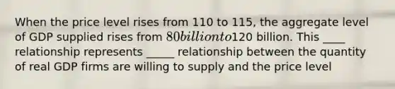 When the price level rises from 110 to 115, the aggregate level of GDP supplied rises from 80 billion to120 billion. This ____ relationship represents _____ relationship between the quantity of real GDP firms are willing to supply and the price level