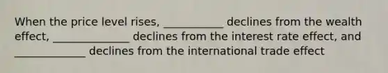 When the price level rises, ___________ declines from the wealth effect, ______________ declines from the interest rate effect, and _____________ declines from the international trade effect