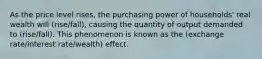 As the price level rises, the purchasing power of households' real wealth will (rise/fall), causing the quantity of output demanded to (rise/fall). This phenomenon is known as the (exchange rate/interest rate/wealth) effect.