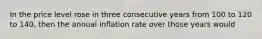 In the price level rose in three consecutive years from 100 to 120 to 140, then the annual inflation rate over those years would