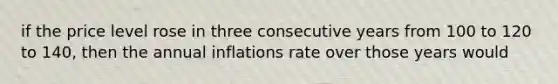 if the price level rose in three consecutive years from 100 to 120 to 140, then the annual inflations rate over those years would