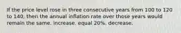 If the price level rose in three consecutive years from 100 to 120 to 140, then the annual inflation rate over those years would remain the same. increase. equal 20%. decrease.