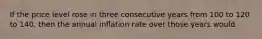 If the price level rose in three consecutive years from 100 to 120 to 140, then the annual inﬂation rate over those years would