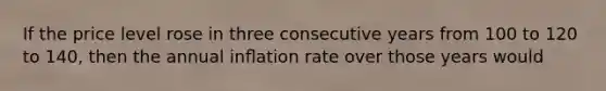 If the price level rose in three consecutive years from 100 to 120 to 140, then the annual inﬂation rate over those years would