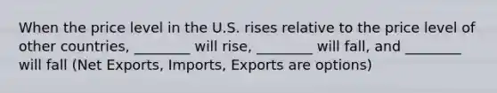 When the price level in the U.S. rises relative to the price level of other countries, ________ will rise, ________ will fall, and ________ will fall (Net Exports, Imports, Exports are options)