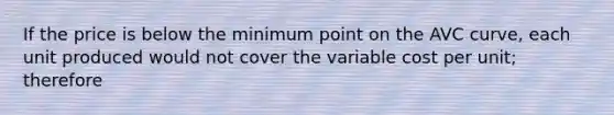 If the price is below the minimum point on the AVC curve, each unit produced would not cover the variable cost per unit; therefore