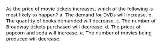 As the price of movie tickets increases, which of the following is most likely to happen? a. The demand for DVDs will increase. b. The quantity of books demanded will decrease. c. The number of Broadway tickets purchased will decrease. d. The prices of popcorn and soda will increase. e. The number of movies being produced will decrease.