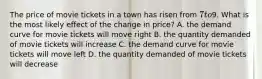 The price of movie tickets in a town has risen from 7 to9. What is the most likely effect of the change in price? A. the demand curve for movie tickets will move right B. the quantity demanded of movie tickets will increase C. the demand curve for movie tickets will move left D. the quantity demanded of movie tickets will decrease