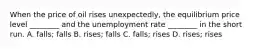 When the price of oil rises​ unexpectedly, the equilibrium price level​ ________ and the unemployment rate​ ________ in the short run. A. falls; falls B. ​rises; falls C. ​falls; rises D. ​rises; rises