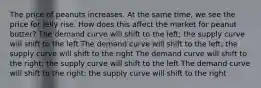 The price of peanuts increases. At the same time, we see the price for Jelly rise. How does this affect the market for peanut butter? The demand curve will shift to the left; the supply curve will shift to the left The demand curve will shift to the left; the supply curve will shift to the right The demand curve will shift to the right; the supply curve will shift to the left The demand curve will shift to the right; the supply curve will shift to the right