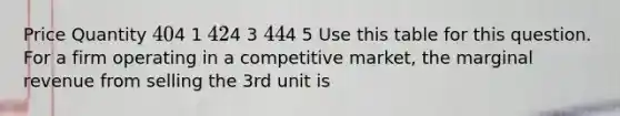 Price Quantity 4 04 1 4 24 3 4 44 5 Use this table for this question. For a firm operating in a competitive market, the marginal revenue from selling the 3rd unit is