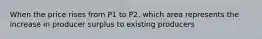 When the price rises from P1 to P2, which area represents the increase in producer surplus to existing producers