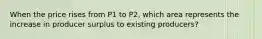 When the price rises from P1 to P2, which area represents the increase in producer surplus to existing producers?