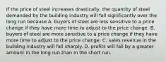 If the price of steel increases drastically, the quantity of steel demanded by the building industry will fall significantly over the long run because A. buyers of steel are less sensitive to a price change if they have more time to adjust to the price change. B. buyers of steel are more sensitive to a price change if they have more time to adjust to the price change. C. sales revenue in the building industry will fall sharply. D. profits will fall by a greater amount in the long run than in the short run.