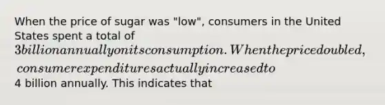 When the price of sugar was "low", consumers in the United States spent a total of 3 billion annually on its consumption. When the price doubled, consumer expenditures actually increased to4 billion annually. This indicates that