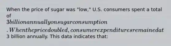 When the price of sugar was "low," U.S. consumers spent a total of 3 billion annually on sugar consumption. When the price doubled, consumer expenditures remained at3 billion annually. This data indicates that: