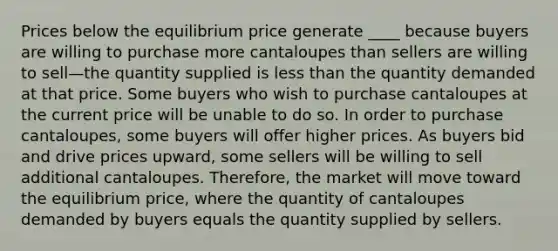 Prices below the equilibrium price generate ____ because buyers are willing to purchase more cantaloupes than sellers are willing to sell—the quantity supplied is less than the quantity demanded at that price. Some buyers who wish to purchase cantaloupes at the current price will be unable to do so. In order to purchase cantaloupes, some buyers will offer higher prices. As buyers bid and drive prices upward, some sellers will be willing to sell additional cantaloupes. Therefore, the market will move toward the equilibrium price, where the quantity of cantaloupes demanded by buyers equals the quantity supplied by sellers.