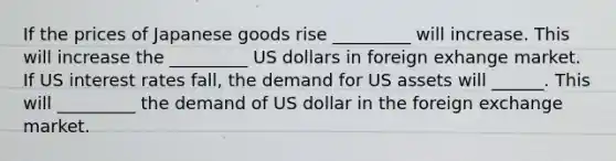 If the prices of Japanese goods rise _________ will increase. This will increase the _________ US dollars in foreign exhange market. If US interest rates fall, the demand for US assets will ______. This will _________ the demand of US dollar in the foreign exchange market.