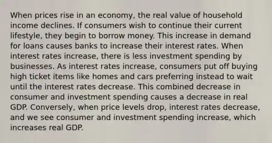 When prices rise in an economy, the real value of household income declines. If consumers wish to continue their current lifestyle, they begin to borrow money. This increase in demand for loans causes banks to increase their interest rates. When interest rates increase, there is less investment spending by businesses. As interest rates increase, consumers put off buying high ticket items like homes and cars preferring instead to wait until the interest rates decrease. This combined decrease in consumer and investment spending causes a decrease in real GDP. Conversely, when price levels drop, interest rates decrease, and we see consumer and investment spending increase, which increases real GDP.