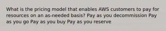 What is the pricing model that enables AWS customers to pay for resources on an as-needed basis? Pay as you decommission Pay as you go Pay as you buy Pay as you reserve