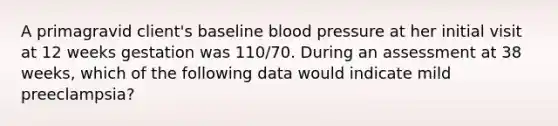 A primagravid client's baseline blood pressure at her initial visit at 12 weeks gestation was 110/70. During an assessment at 38 weeks, which of the following data would indicate mild preeclampsia?