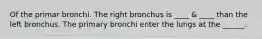 Of the primar bronchi. The right bronchus is ____ & ____ than the left bronchus. The primary bronchi enter the lungs at the ______.