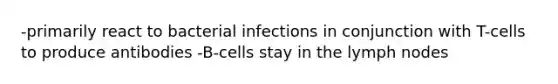 -primarily react to bacterial infections in conjunction with T-cells to produce antibodies -B-cells stay in the lymph nodes