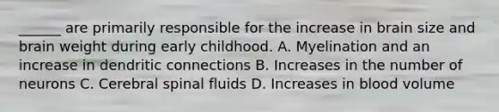 ______ are primarily responsible for the increase in brain size and brain weight during early childhood. A. Myelination and an increase in dendritic connections B. Increases in the number of neurons C. Cerebral spinal fluids D. Increases in blood volume