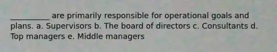 __________ are primarily responsible for operational goals and plans. a. Supervisors b. The board of directors c. Consultants d. Top managers e. Middle managers