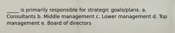 _____ is primarily responsible for strategic goals/plans. a. Consultants b. Middle management c. Lower management d. Top management e. Board of directors